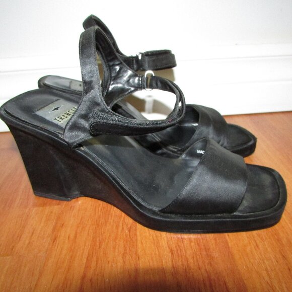 TRANSIT Black Satin Wedge Heel Sandals - Sz 7 - Picture 1 of 8